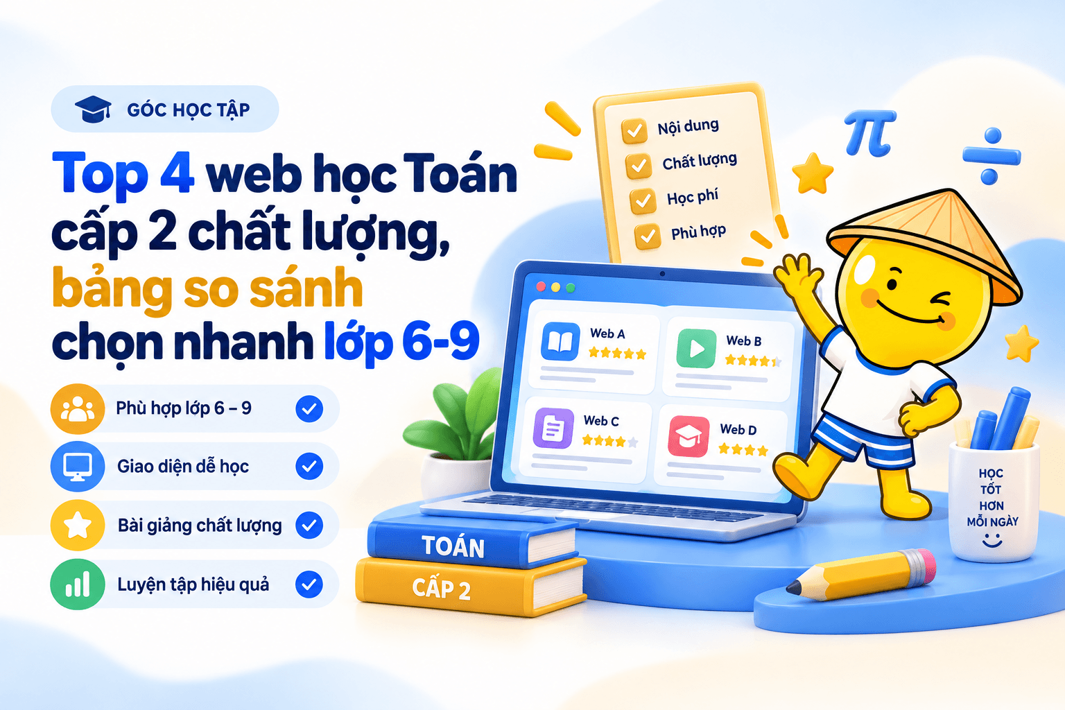 Top 4 web học Toán cấp 2 chất lượng, bảng so sánh chọn nhanh lớp 6-9