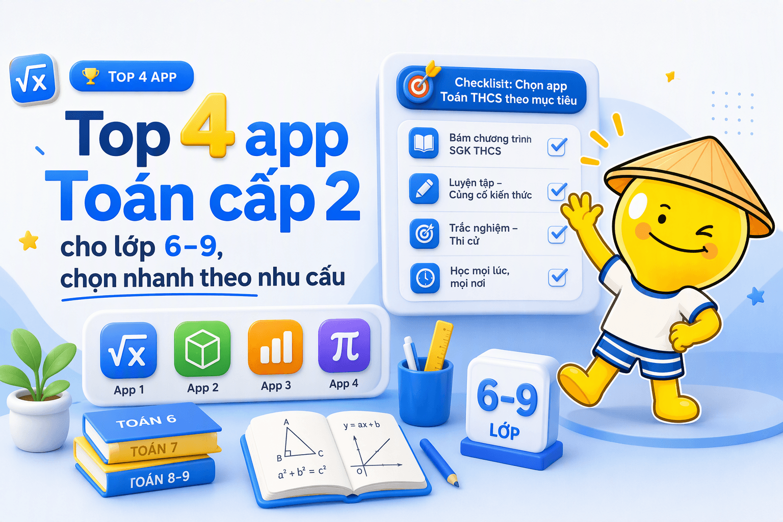 Top 4 app Toán cấp 2 cho lớp 6–9, chọn nhanh theo nhu cầu