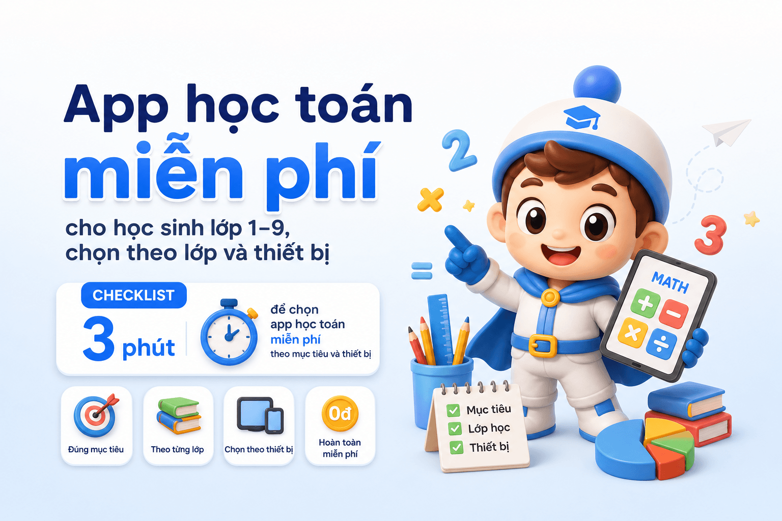 App học toán miễn phí cho học sinh lớp 1–9, chọn theo lớp và thiết bị