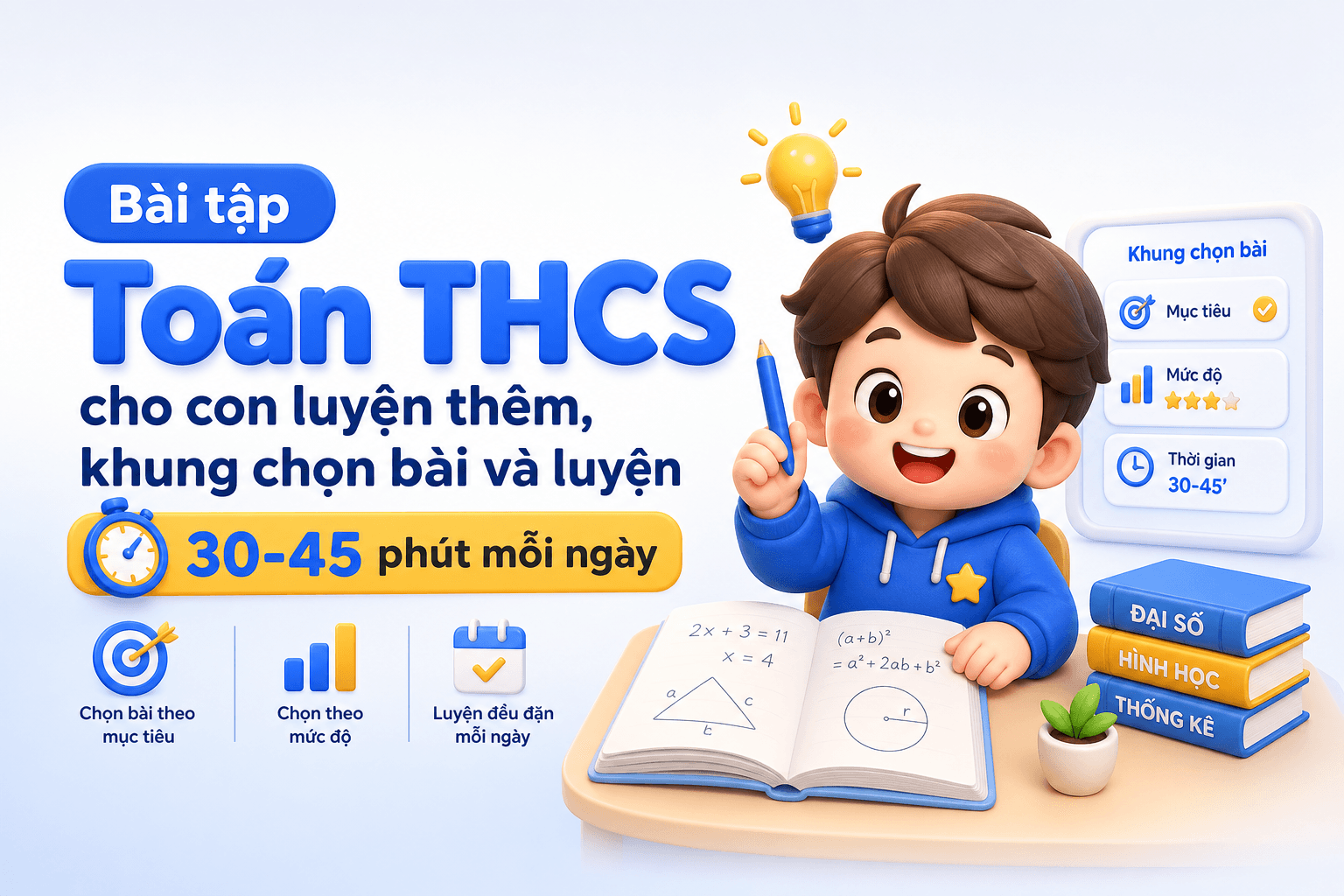Bài tập Toán THCS cho con luyện thêm, khung chọn bài và luyện 30-45 phút mỗi ngày