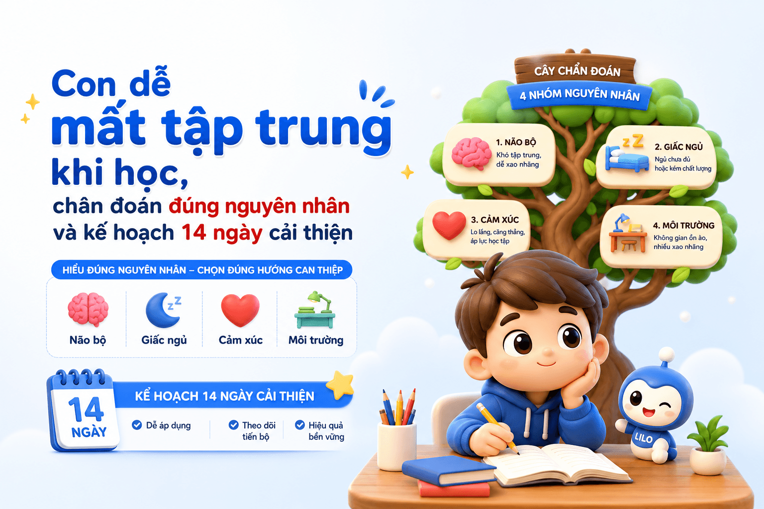 Con dễ mất tập trung khi học, chẩn đoán đúng nguyên nhân và kế hoạch 14 ngày cải thiện