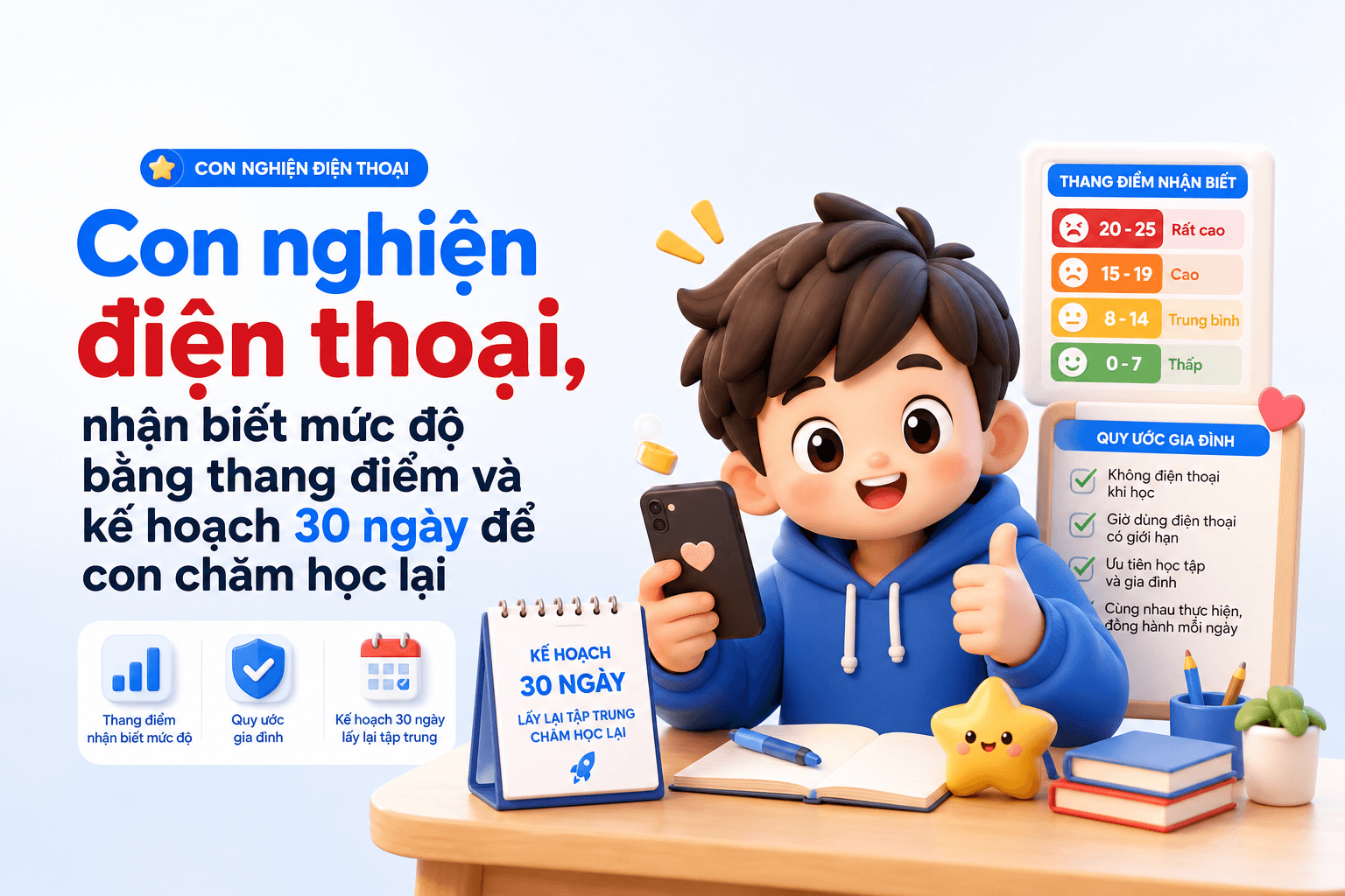 Con nghiện điện thoại, nhận biết mức độ bằng thang điểm và kế hoạch 30 ngày để con chăm học lại