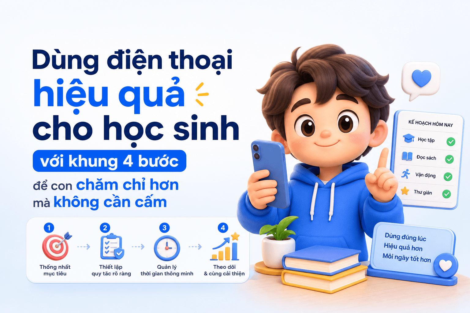 Dùng điện thoại hiệu quả cho học sinh với khung 4 bước để con chăm chỉ hơn mà không cần cấm