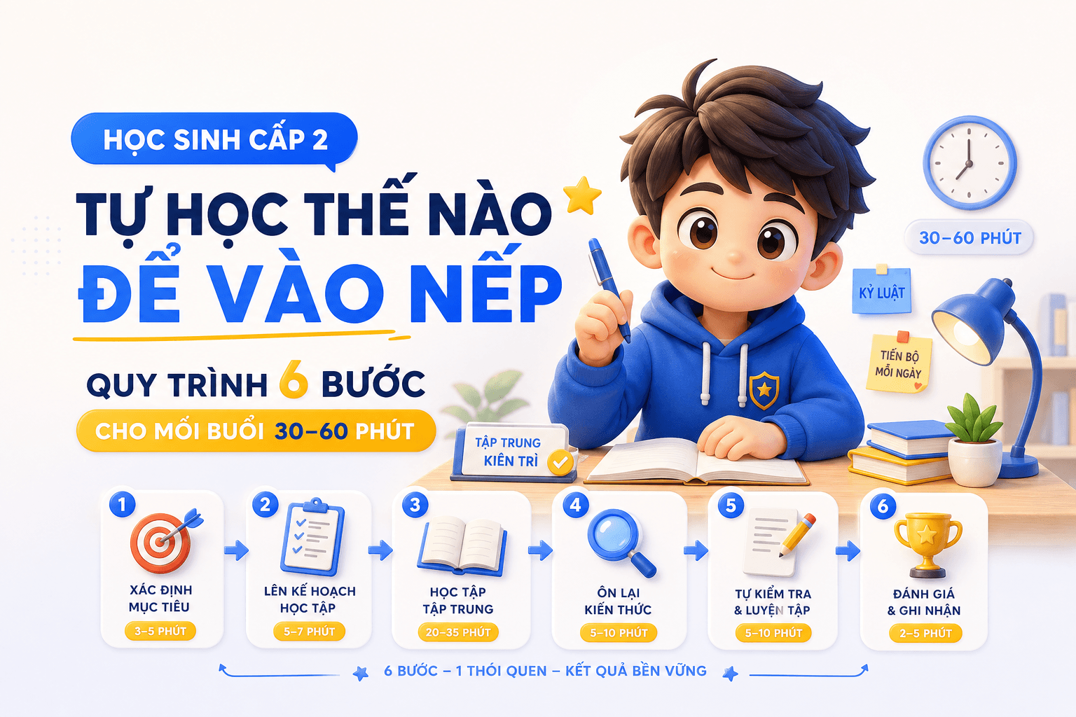 Học sinh cấp 2 tự học thế nào để vào nếp, quy trình 6 bước cho mỗi buổi 30–60 phút