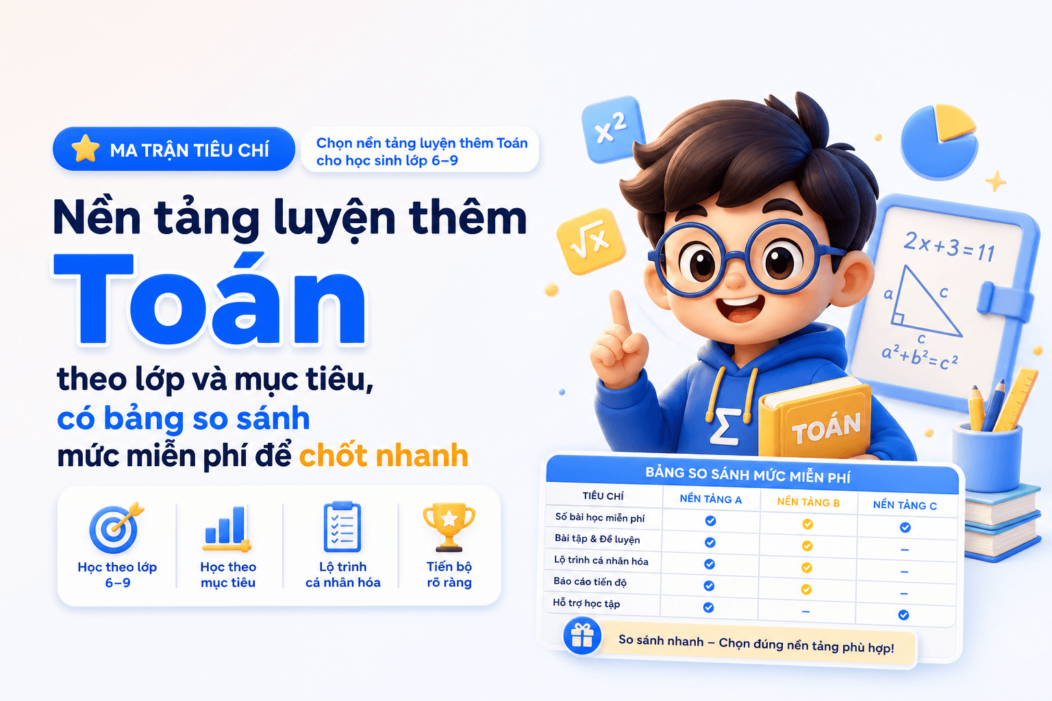 Nền tảng luyện thêm Toán theo lớp và mục tiêu, có bảng so sánh mức miễn phí để chốt nhanh