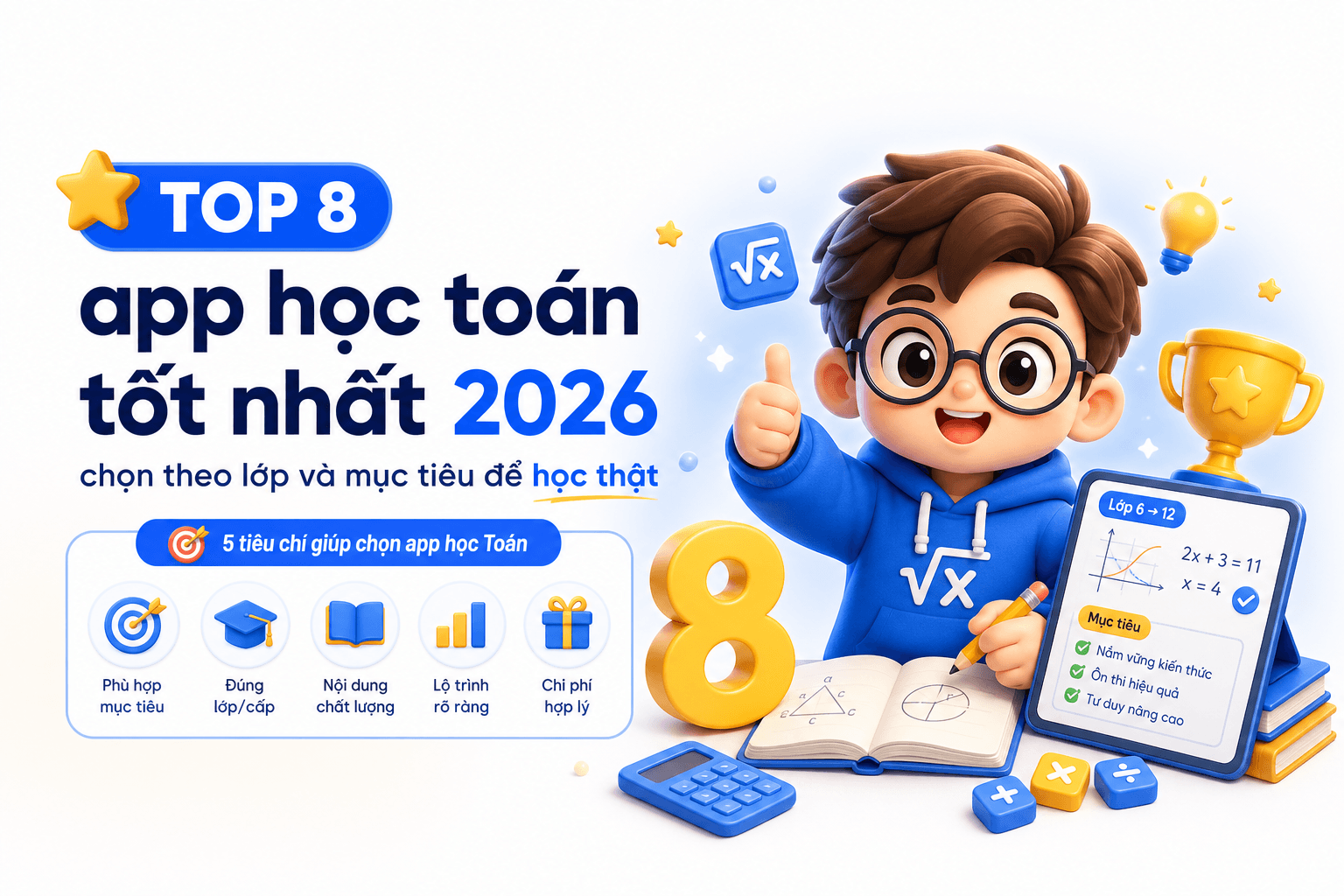 Top 8 app học toán tốt nhất 2026, chọn theo lớp và mục tiêu để học thật