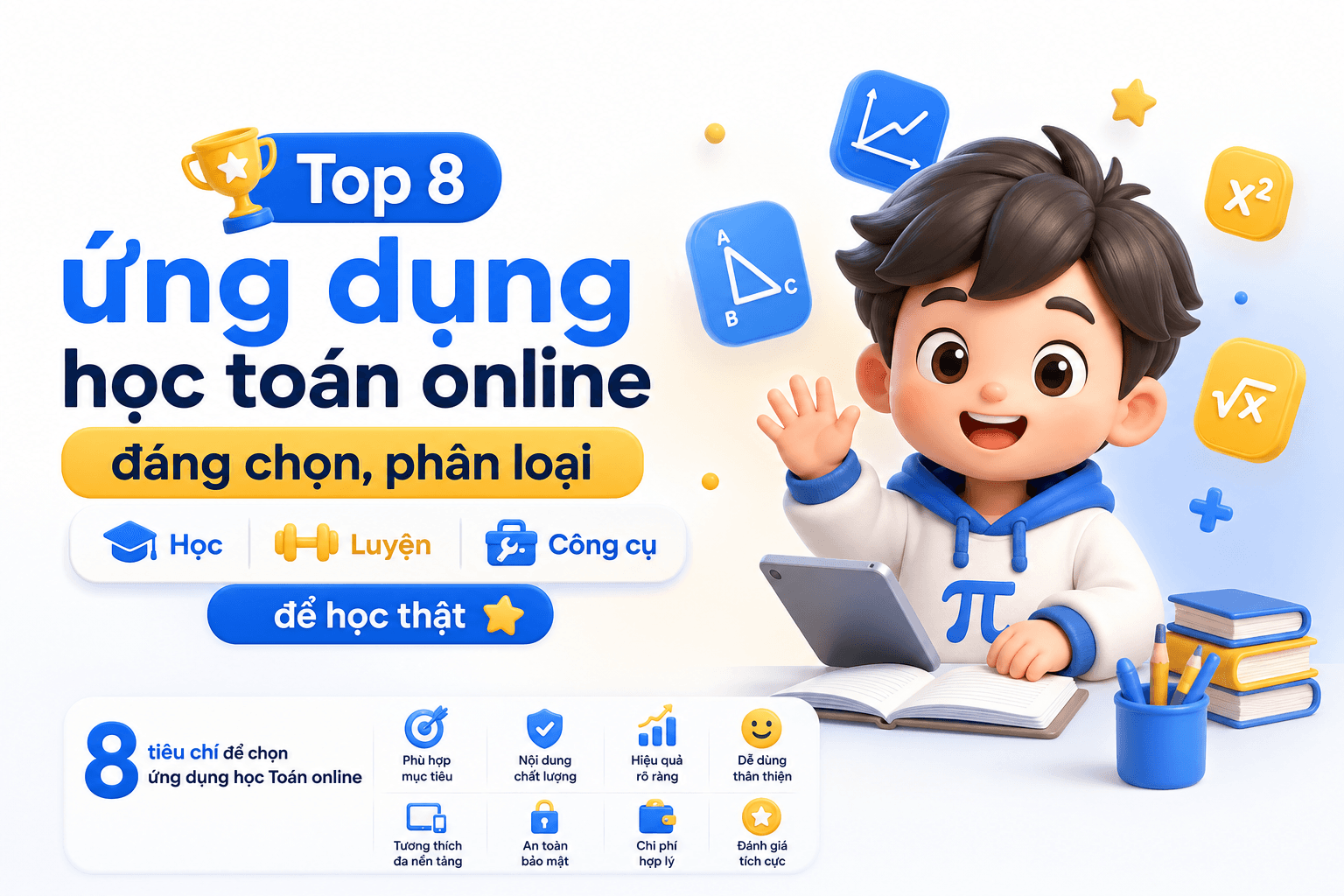 Top 8 ứng dụng học toán online đáng chọn, phân loại Học - Luyện - Công cụ để học thật
